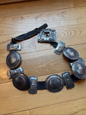 Vintage Concho Belt in Mexican Siver  with Black Leather Vintage